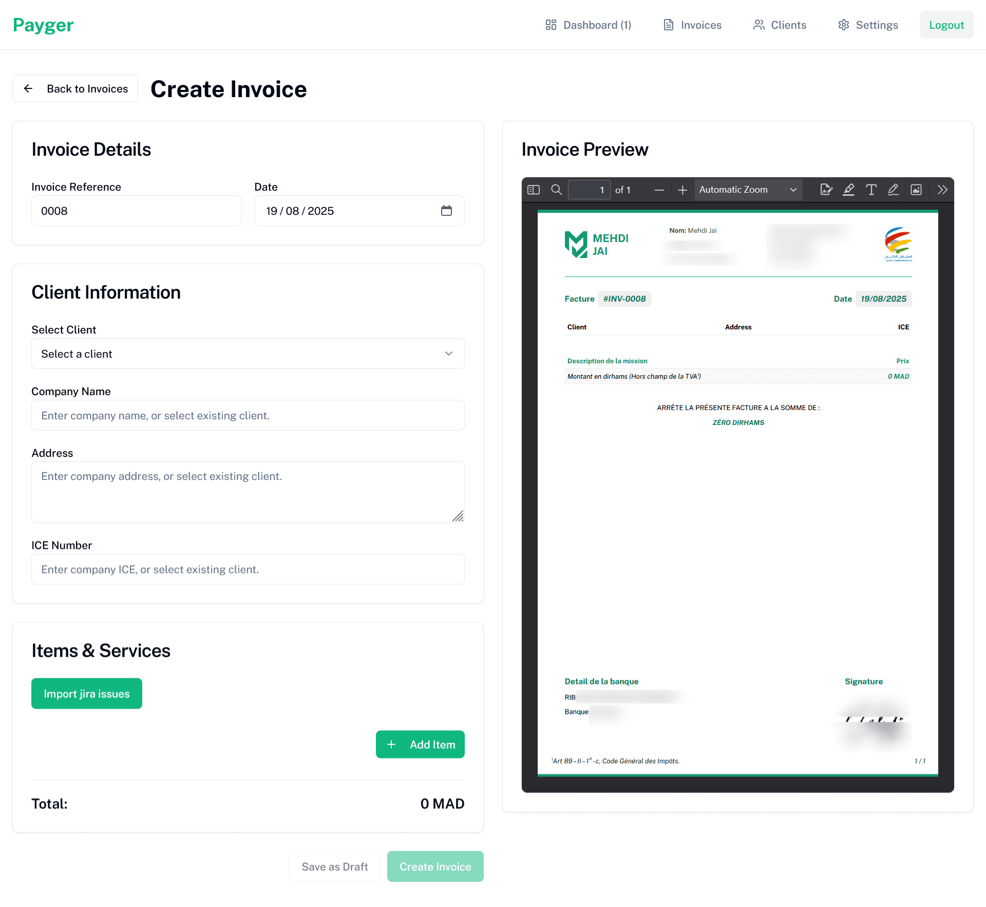 Payger Invoice Generator page