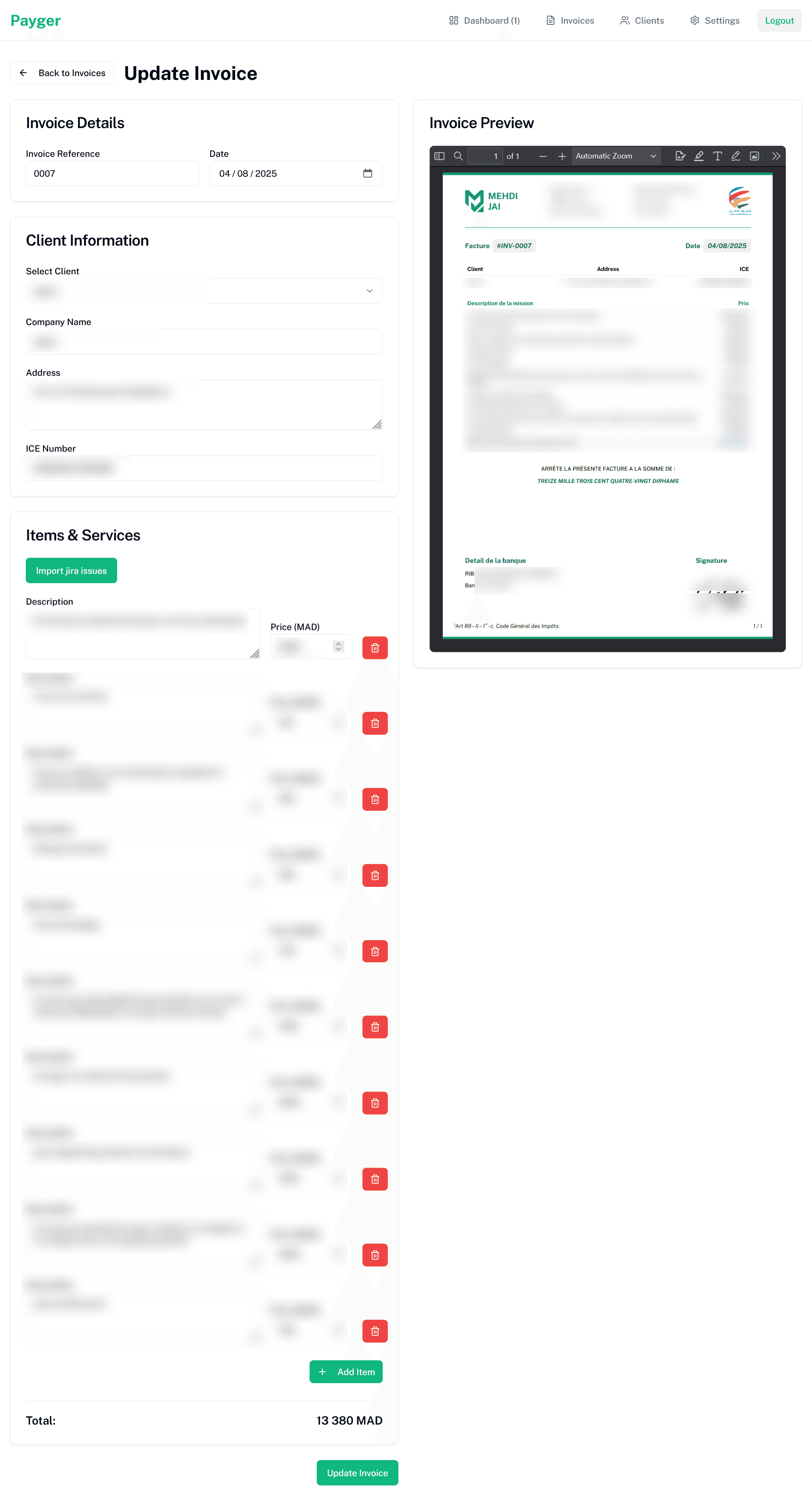 Payger created invoice page