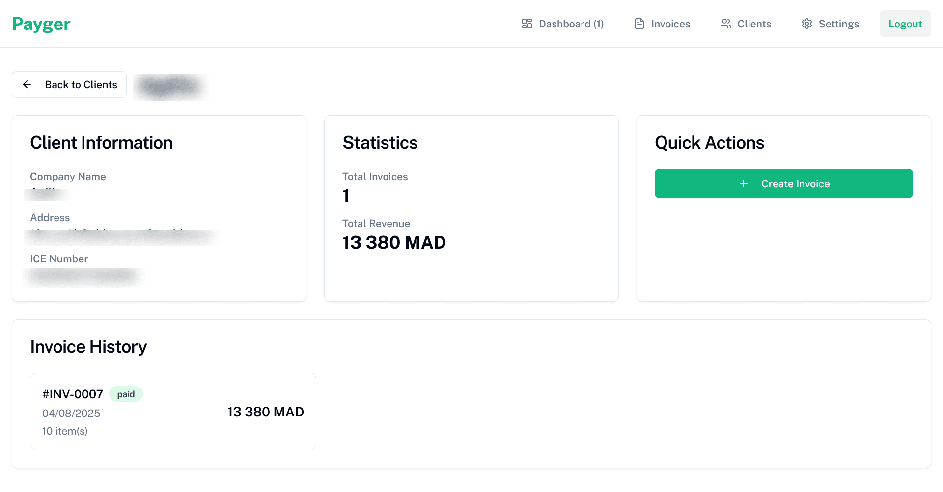 Payger Client page details