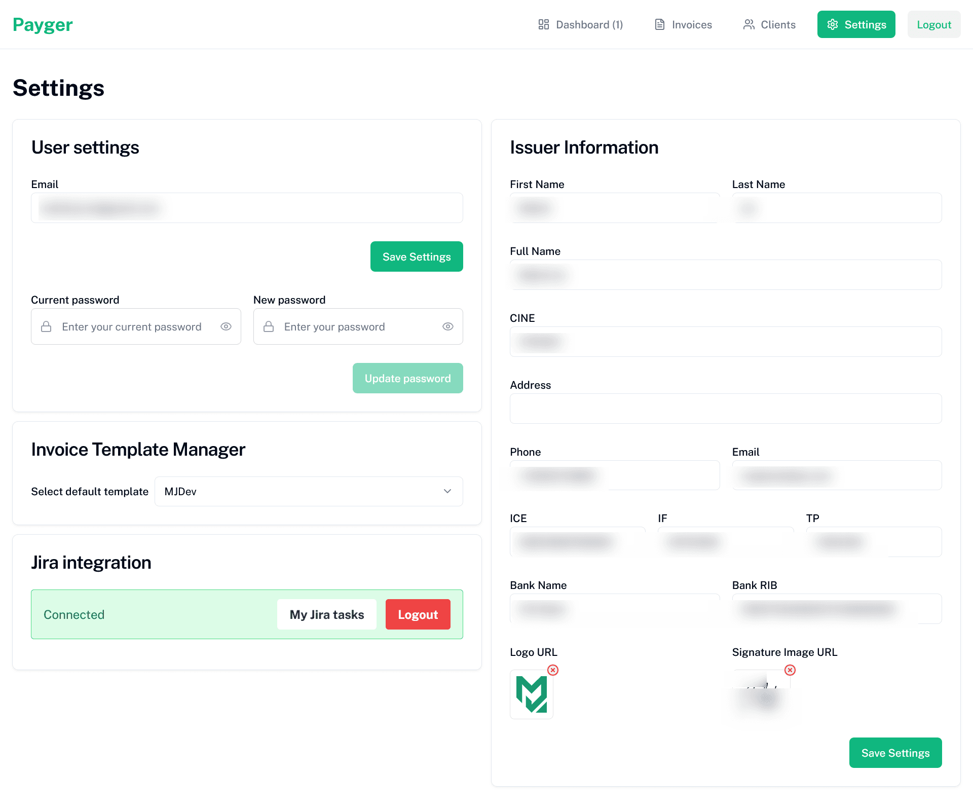 Payger Settings page